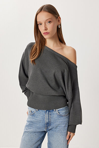 Lovelyİstanbul Open Shoulder Knitwear Sweater Lza0015 Anthracite