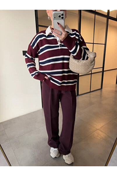 solena sln Women's New Season Striped Polo Neck Knitwear Sweater