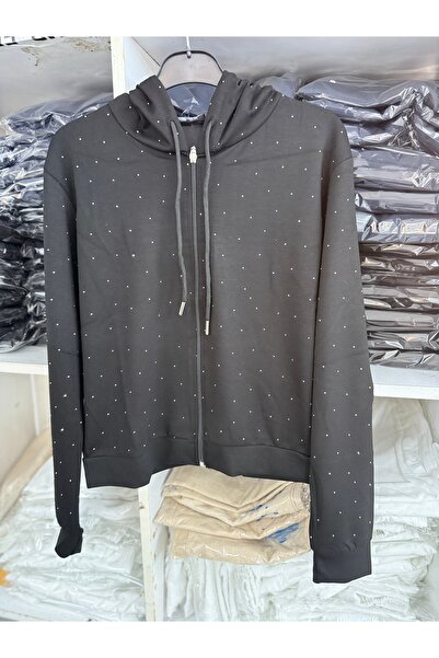 QUMRULİFE Zippered Cardigan with Stone Details Stretch Fabric Fabric