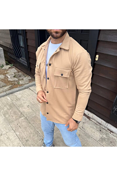 babatr.com Men's Diagonal Fabric Pocket Snap Long Sleeve, Shirt Oversized Comfortable Fit Casual Stylish Style - Beige