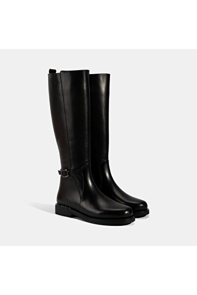 Desa Women's Black Metal Buckle Thick Heeled Leather Boots