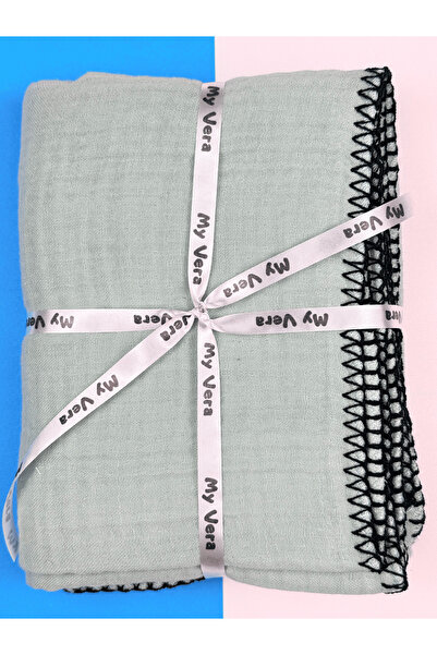 MyVera 4-Layer Muslin Baby Blanket - Green - Shepherd Stitch Detail - 100% Cotton