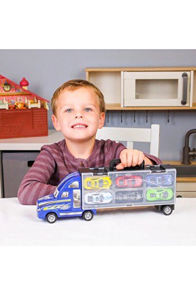 Toybox 10pc Blue Semi Truck Toy Car Carrier Diecast Playset Boys 3 and Up