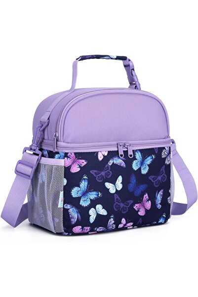 VASCHY Kids Insulated Double-Compartment Lunch Bag with Adjustable Shoulder Strap - Purple Butterfly