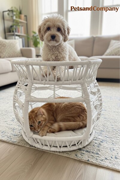 PetsandCompany El Örgüsü 2 Katlı Kedi Köpek Yatağı ve Evi Beyaz,53x50 cm, Mod...