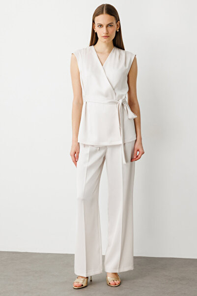 Ekol Women's Waist Belted Satin Vest 4158 Pearl