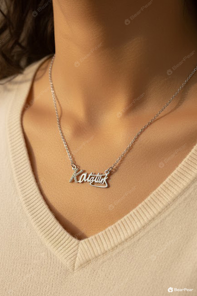 BearPear Atatürk İmzası Kolye Çelik Kolye 316L Çelik Zirkon Taşlı Kadın Kolyesi