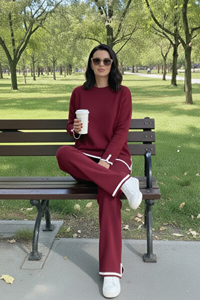 modabirsen Slit Detailed Knitwear 2-Piece Set Burgundy