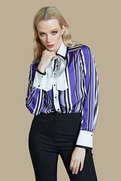 SERPİL Kadın Uzun Kollu Çizgili Gömlek - Yakası Fular Detaylı