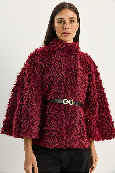 Bianco Lucci Women's Belt Detailed Soft Textured Plush Poncho 2817 60281120