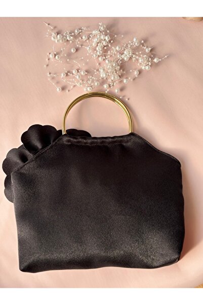 GUSTELLO Black Gold Metal D Handle 3D Rose Motif Flower Handbag |   Wedding/Invitation Packages