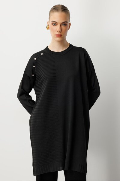 accort Omzu Düğme Detaylı Triko Tunik-SİYAH