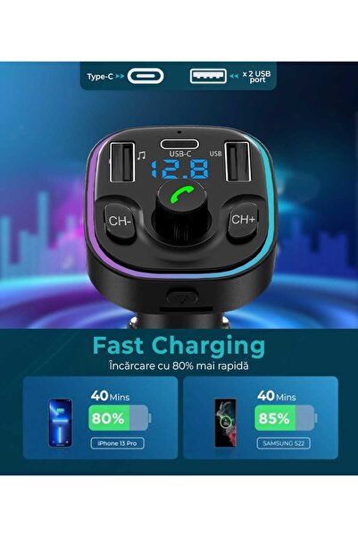 Timebox Încărcător auto rapid cu modulator FM hands-free QC3.0, USB-C, Bluetooth 5.0, negru