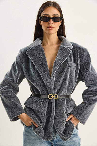 Bianco Lucci Women's Pocket Detailed Lined Belted Plush Textured Blazer Jacket 2761 60281110