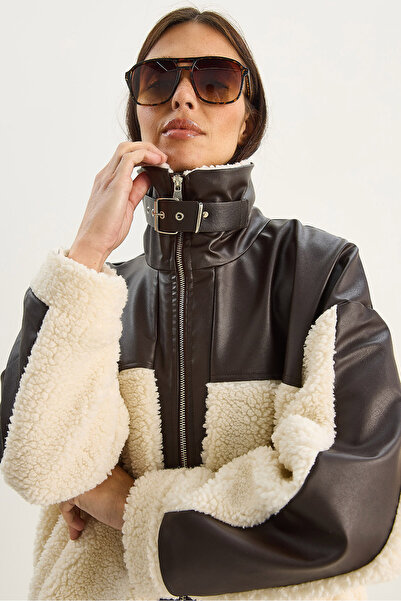 Bianco Lucci Women's Leather Paneled Lined Pocket Detailed Plush Coat 2631 60281121