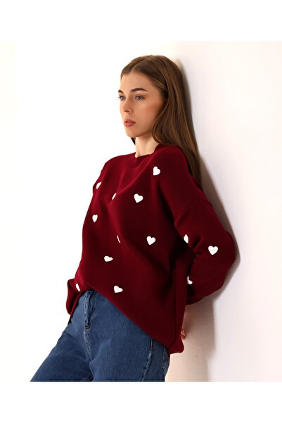 Hazinedan Women's Burgundy Embossed Heart Knitwear Long Sleeve Lover Gift Sweater