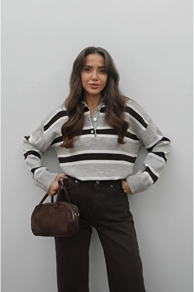 solena sln Women's New Season Striped Polo Neck Knitwear Sweater