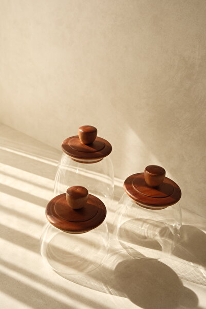 Dekorzdükkan Trio Set of 3 Acacia Vacuum Lid Jars (500Ml+750Ml+950Ml)