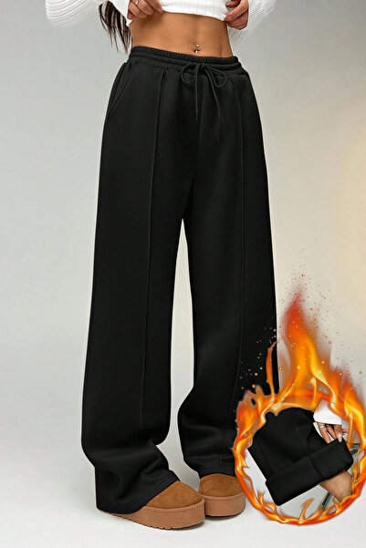 Sun Victoria Women's Black 3 Thread Fleece Ç piped Wide Leg Loose Sweatpants