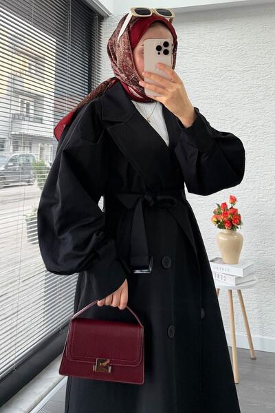 MELEK ARAZ Premium Balloon Cuff Women's Trench Coat – Black