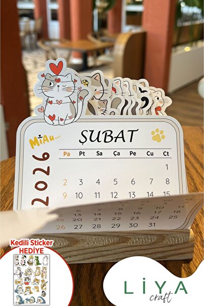 LiyaCraft 2026 Ahşap Ayaklı Sevimli Kedi Masa Üstü Takvimi