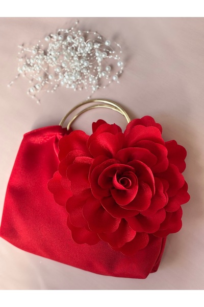GUSTELLO Red Gold Metal D Handle 3D Rose Motif Flower Handbag |   Wedding/Invitation Packages