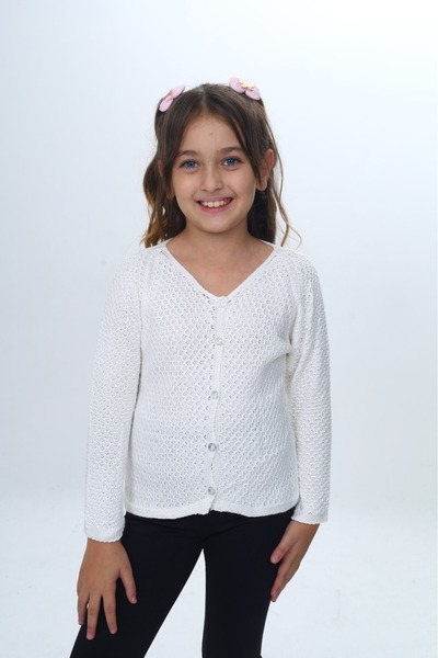 Lux Show Kız Çocuk Beyaz Renk İnce Örgü V Yaka Sade Düğmeli Mevsimlik Hırka