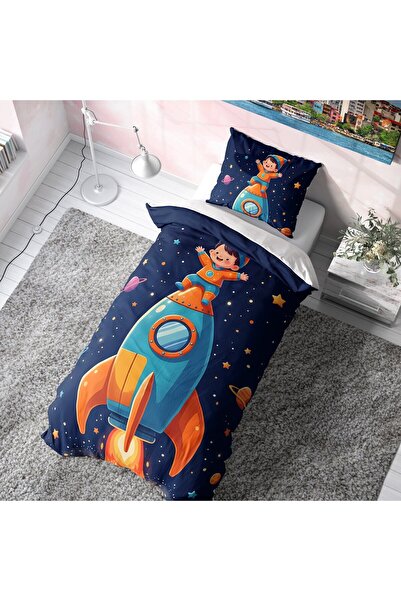 Viadela Children's Duvet Cover Set with Astronaut and Rocket Design (No Sheets)