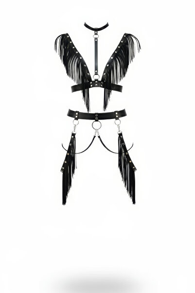 Angels Passion Curea neagră pentru femei, cu ciucuri, cu detalii de lanț, cur...