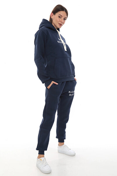 PHANTOM JEANS Μπλε κομψό γυναικείο σετ αθλητικής φόρμας από φλις με ελαστικό πόδι και τσέπες με κουκούλα Κεντημένο σετ με λεπτομέρειες