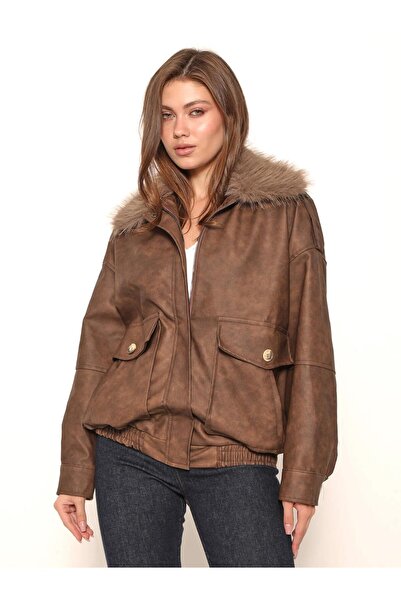 Coral Yakası Kürklü Deri Mont 36821 Kahve