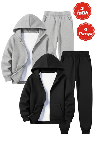 FYK KİDS 3 İplik Kışlık Ş επένδυση fleece Απλό χωρίς στάμπα με φερμουάρ K με κουκούλα Σετ αθλητικής φόρμας για αγόρια 4 τεμαχίων