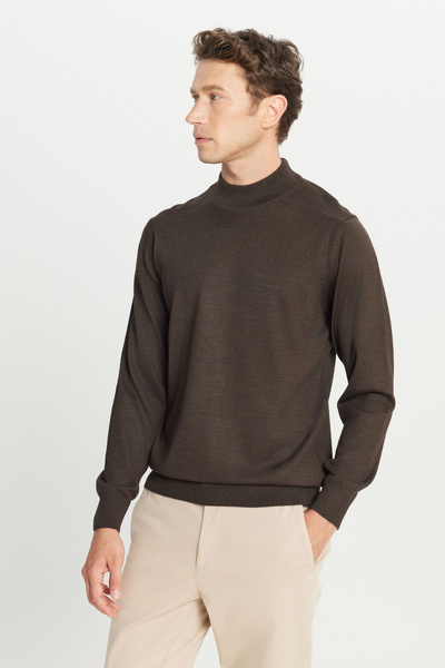 ALTINYILDIZ CLASSICS Men's Brown Wool Standard Fit Regular Cut Half Turtleneck Basic Knitwear Sweater