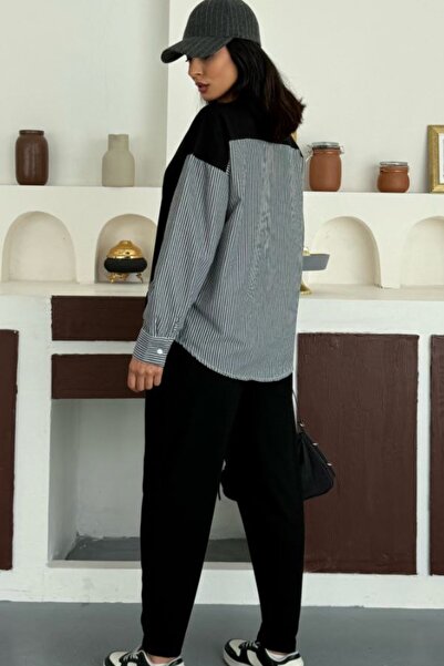 Ded COLLECTION Women's Striped Long Sleeve Shirt Detailed Round Neck Sweatshirt Modal Set