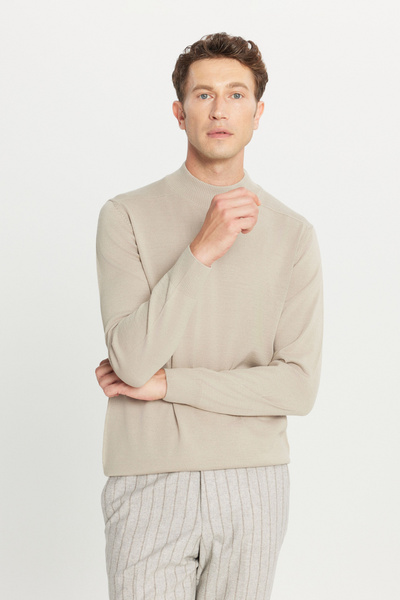 ALTINYILDIZ CLASSICS Pulover pentru bărbați, bej, din lână, cu potrivire standard, normal, croială cu jumătate de gât, basic tricotaje