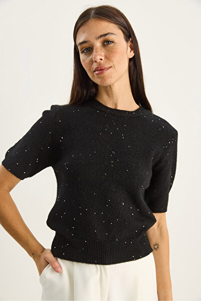 Bianco Lucci Women's Crew Neck Sequin Detailed Gilded Short Sleeve Basic Knitwear Blouse 4818 60283581