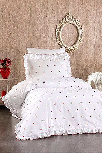 Serebien Home Collection Velora 100% Cotton Heart Pattern Embroidered, Ruffled 4-Piece Single Duvet Cover Set - Heart Duvet Cover
