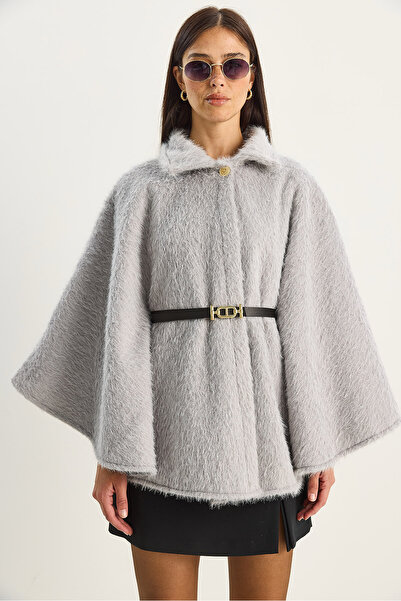 Bianco Lucci Women's Single Button Belted Bearded Soft Poncho 60282034