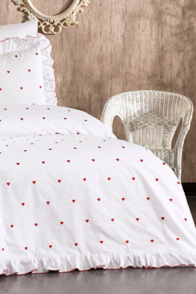Serebien Home Collection Velora 100% Cotton Heart Pattern Embroidered, Ruffled 4-Piece Single Duvet Cover Set - Heart Duvet Cover