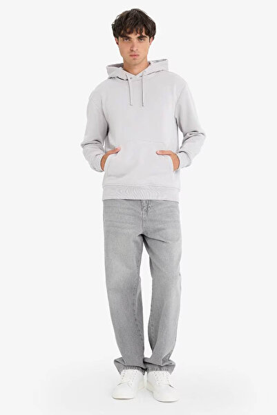 DeFacto Hooded Soft Fleece Inside Kangaroo Pocket Light Gray Men's Sweatshirt X8283Az/Gr184