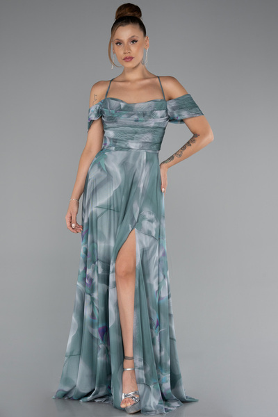 Abiyefon Mint Bacak Dekolteli Uzun Empirme Abiye Elbise ABU5148