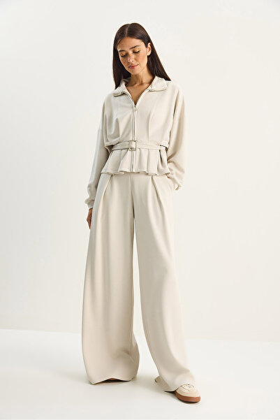 Bianco Lucci Kadın Beli Kemerli Pileli Hırka Yüksek Bel Bol Pantolon Alt-Üst Modal Takım 4034 60283734
