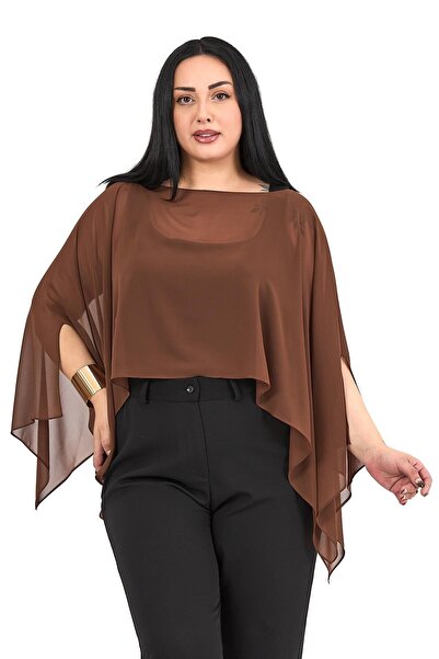 DISENTIS MODEST Plus Size Asymmetrical Cut Chiffon Brown Cape Bolero