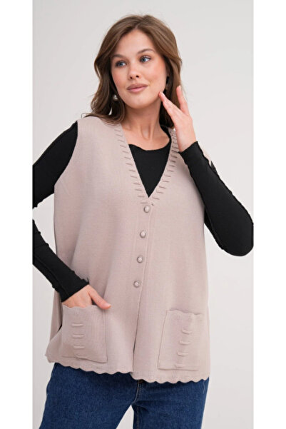 Elçelya Moda Women's Mother Plus Size Knitwear Plain Model Buttoned Vest