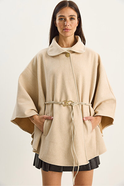 Bianco Lucci Women's Pocket Detailed Faux Leather Belted Cashmere Poncho 60282035