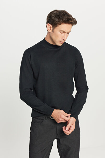ALTINYILDIZ CLASSICS Ανδρικό πουλόβερ από μαύρο μαλλί, κανονική εφαρμογή, κανονική εφαρμογή, μισό ζιβάγκο, βασικό πλεκτό πουλόβερ