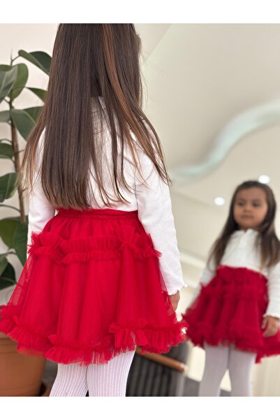 Ha-Ke Kids Kloş Çift Fırfırlı Fiyonk Detaylı Tül Kız Çocuk Etek, 4 Kat, Astarlı
