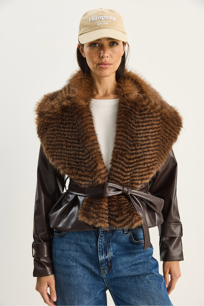 Bianco Lucci Дамско яке от изкуствена кожа с кожена яка и колан 60571 60283736