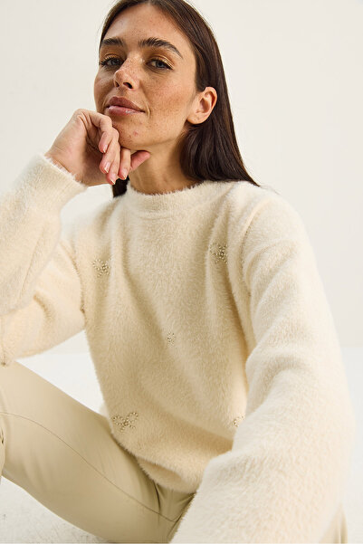 Bianco Lucci Women's Soft Textured Bearded Bow Bead Embroidered Knitwear Sweater W25029 60283749