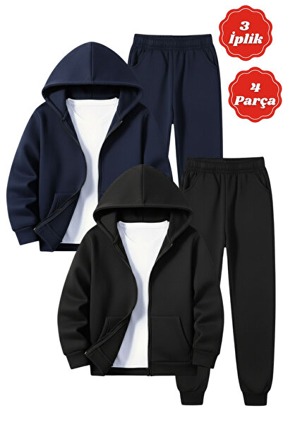 FYK KİDS 3 Thread Winter Ş مبطن بالصوف طقم رياضي للأولاد مكون من بغطاء رأس قط...